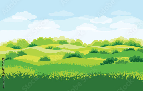 Vector illustration of a picturesque landscape of rural hills, fields. Cartoon scene of beautiful rural slopes, lush bushes, green grass, blue sky with white clouds. Pastures for cows. Summertime.