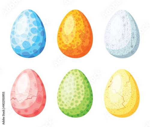 Set of colored dragon eggs in cartoon style. Vector illustration of whole dragon eggs and with cracks, patterns, spots, dots, blots of different shapes and sizes isolated on white background.