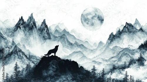 Wolf howling on a mountain peak under a full moon misty landscape.