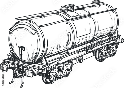 Black and white sketch of a cylindrical tank railcar used for transporting liquids by train