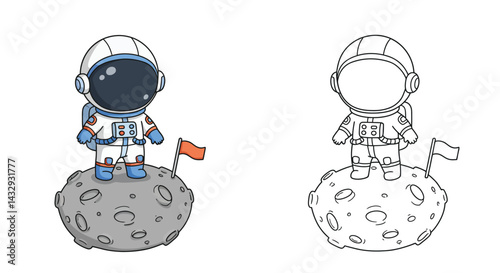Astronaut's Lunar Stroll: A cartoon astronaut takes a confident stride on the moon, planting a flag to mark their presence. A delightful cartoon of exploration.