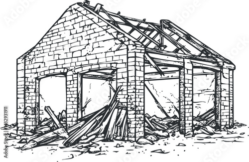 Black and white illustration of a ruined brick building with collapsed roof and scattered debris