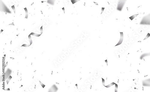 Realistic silver confetti and ribbon explosion on transparent background. Ideal for celebration overlays, parties, festive design, and New Year decorations.