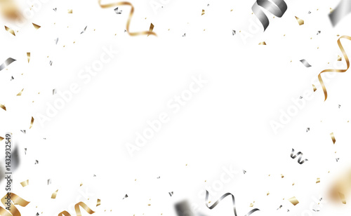 Elegant gold and silver confetti background with empty center for celebration banners, greeting cards, party invites, or festive templates.
