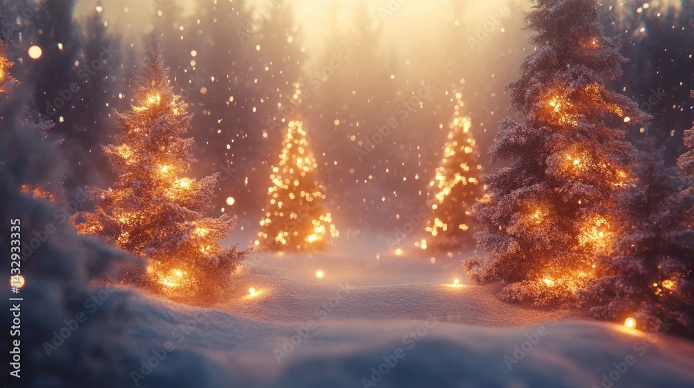 Naklejka premium Snowy forest scene, glowing Christmas trees
