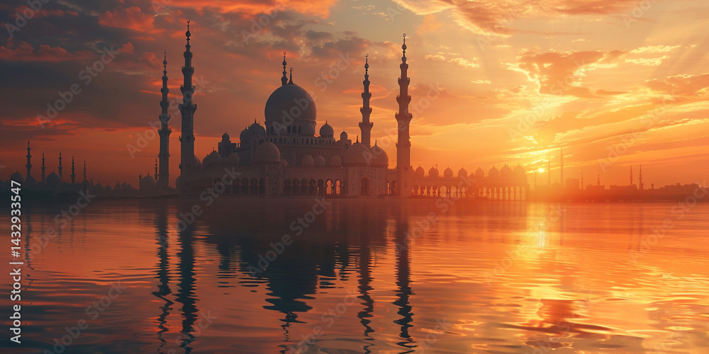 Naklejka premium Twilight Reflections: Mosque Silhouette at Sunset.