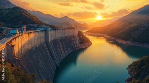 Large dam holds back water creating a lake with mountains and sunset.