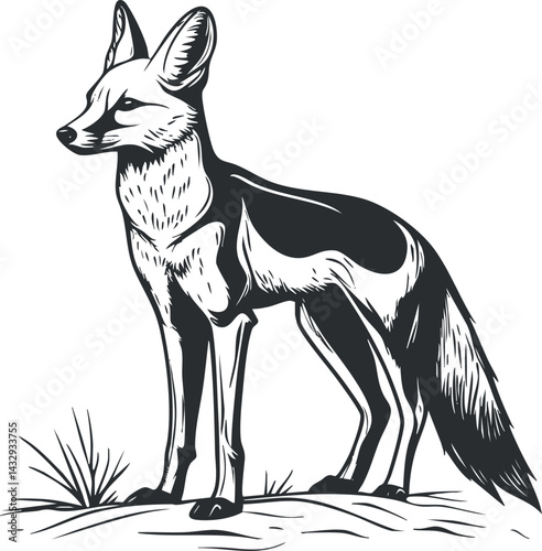 Black and white illustration of a standing fox with large ears and bushy tail in natural environment.