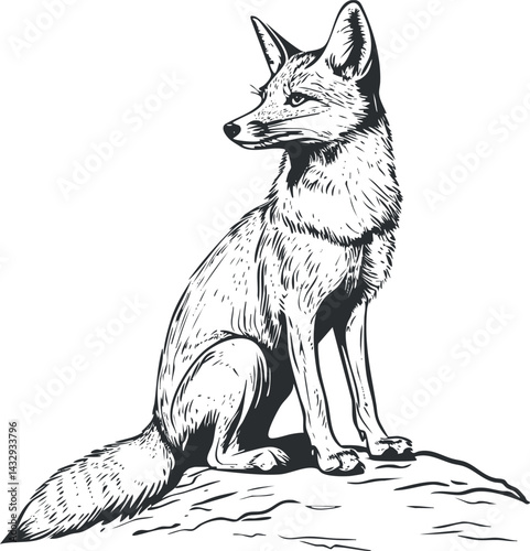 Black and white line art illustration of a fox sitting alert on a rock with detailed fur and features