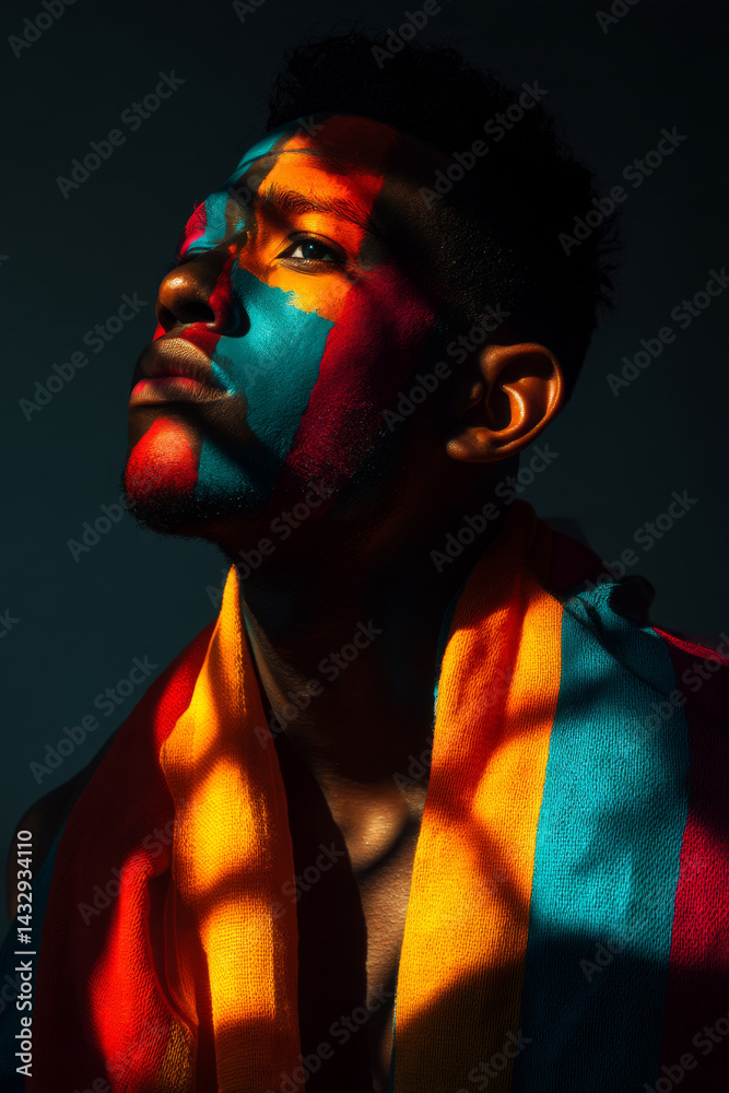 Close-up of man face with colored light and shadow pattern. Expressive male portrait with abstract color lighting on dark background. Individuality and self-expression concept