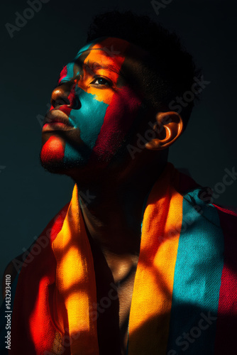 Obraz na płótnie Close-up of man face with colored light and shadow pattern. Expressive male portrait with abstract color lighting on dark background. Individuality and self-expression concept w salonie