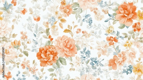 Peach and blue watercolor floral seamless pattern.