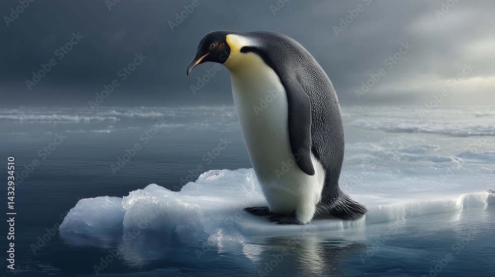 Fototapeta premium The fragility of nature visualized. This photorealistic image uses a penguin on fragmented ice as a powerful metaphor for habitat loss and global warming. Ideal for awareness campaigns.