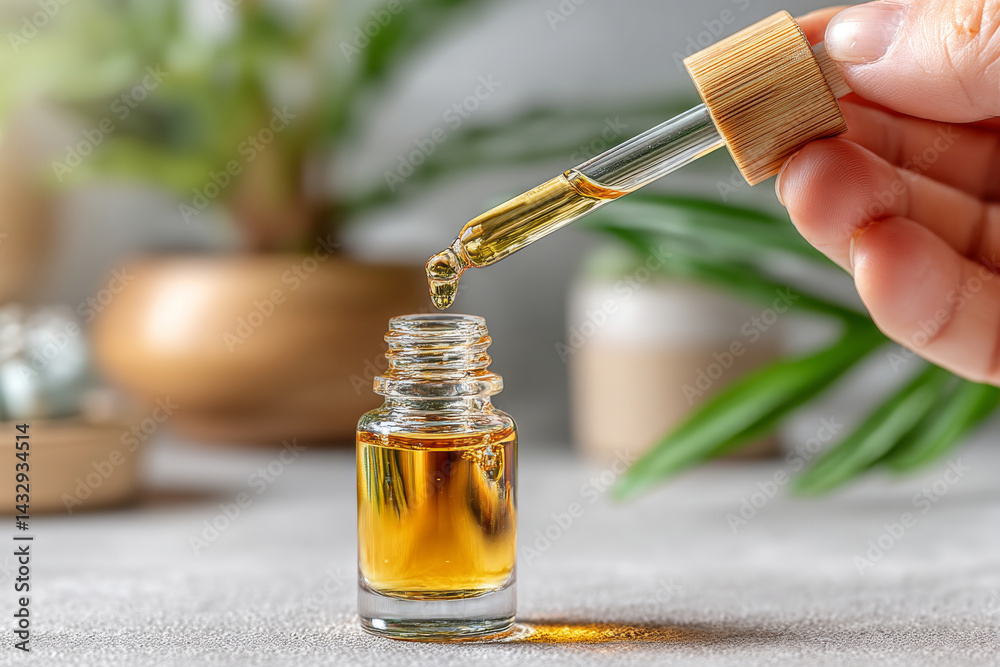 Hand holding dropper with essential oil above glass bottle. Skincare serum drop falling from glass pipette. Natural cosmetics, self-care and wellness concept