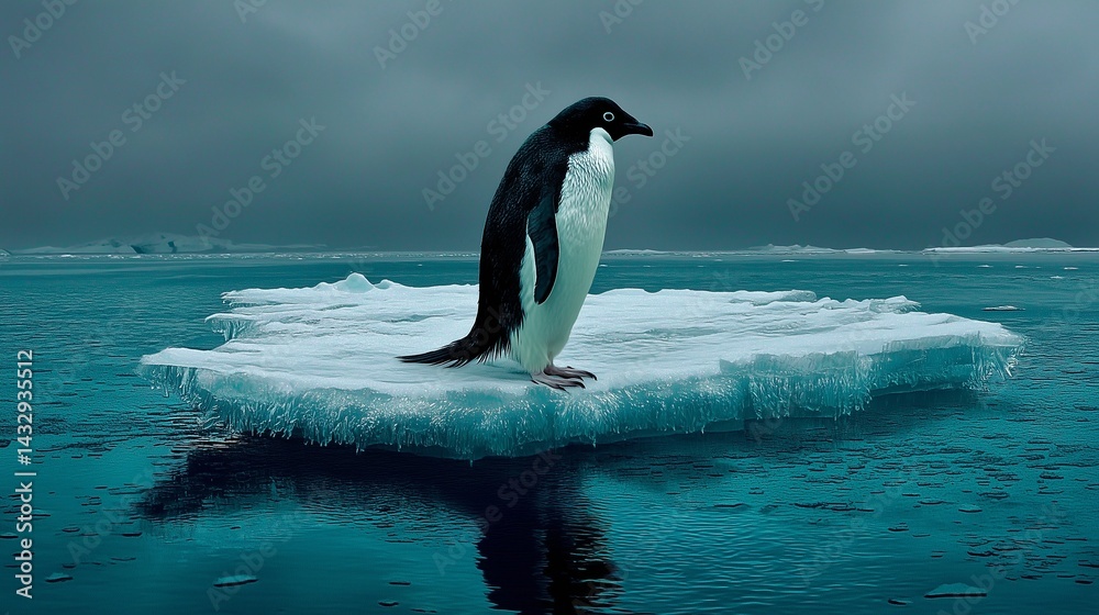 Obraz premium Stark environmental commentary for World Penguin Day. A lone penguin isolated on a melting ice floe evokes vulnerability and the urgency of climate action. Conceptual nature shot.
