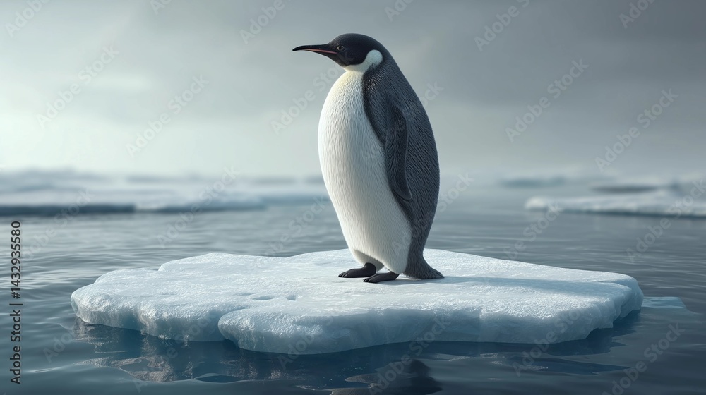 Fototapeta premium Stark environmental commentary for World Penguin Day. A lone penguin isolated on a melting ice floe evokes vulnerability and the urgency of climate action. Conceptual nature shot.