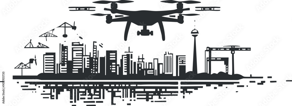 Naklejka premium Silhouette of a modern city skyline with construction cranes and a drone flying overhead for urban monitoring