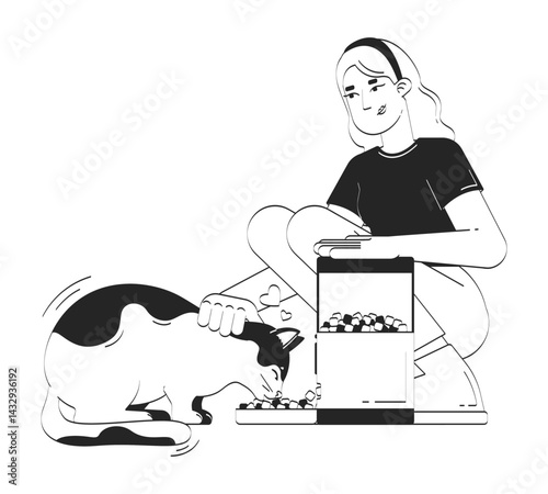 Automatic cat feeder doodle lineart illustration. Smart pet technology. Control food dispenser. IoT device feeding kitty 2D line ink character isolated on white. Monochrome vector outline hand-drawn
