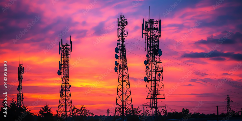 Fototapeta premium Telecommunication Towers Silhouette at Sunset