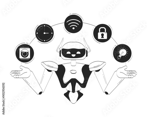 AI in smart home doodle line illustration concept. WiFi, fixtures, security, timer orchestration. AI assistant managing IoT automation 2D outline character isolated. Hand drawn ink metaphor monochrome