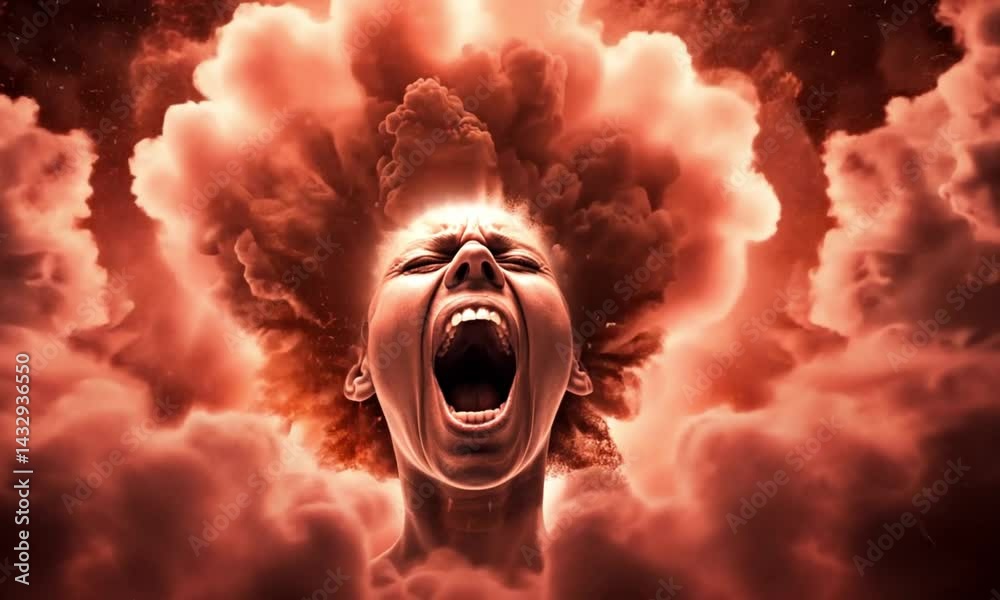 Surreal image of an angry woman screaming with explosive clouds forming her hair, lit in fiery tones, concept of emotional explosion, rage, and inner turmoil