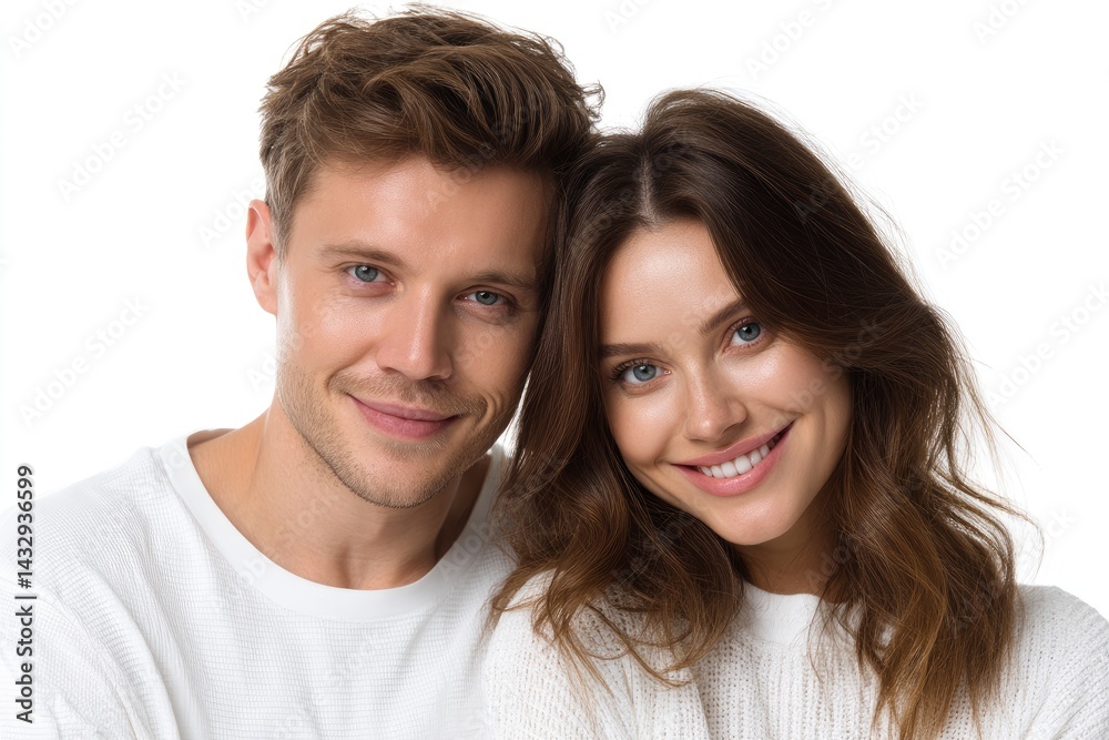 Couple Portrait Smiling in White Sweaters Couple Portrait Smiling in White Sweaters