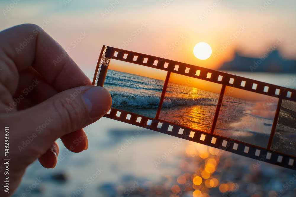 Close-up of hand holding vintage film strip in front of sunset over sea. Analog film for summer memories