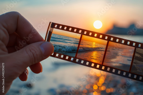 Obraz na płótnie Close-up of hand holding vintage film strip in front of sunset over sea. Analog film for summer memories w salonie