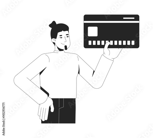 Confident caucasian man holding credit card 2D line character. Control over personal finance. Digital payment. Guy creditcard isolated vector ink outline person. Monochromatic spot illustration