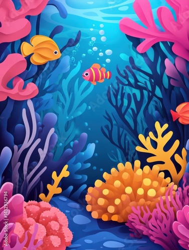 Vibrant underwater world illustration with colorful coral reefs and playful fish swimming in clear blue sea