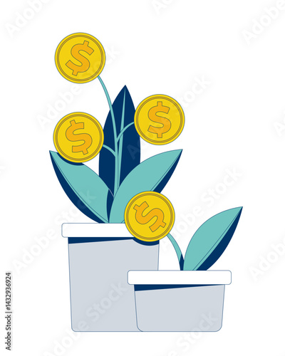 Financial growth with coin plants potted 2D cartoon object. Profit investment, savings cultivation. Dollar money flowerpots growing isolated element flat vector clip art on white. Spot illustration