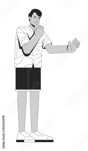 Thoughtful indian man in casual summer outfit 2D line character. Thinking south asian guy in patterned shirt planning vacation isolated vector ink outline person. Monochromatic spot illustration