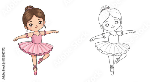 Graceful Ballerina: A delightful illustration showcasing a ballerina in a classical pose, her pink tutu swirling as she embodies the elegance and poise of dance.