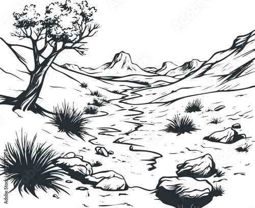 Black and white illustration of a dry desert landscape with rocky terrain, sparse vegetation, and distant mountains.