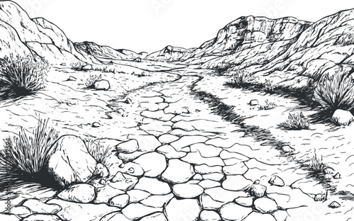 Black and white sketch of a dry cracked desert valley with rocky terrain and sparse bushes