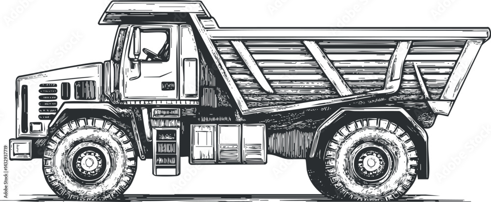 Fototapeta premium Detailed black and white illustration of a heavy dump truck used for construction and hauling materials.