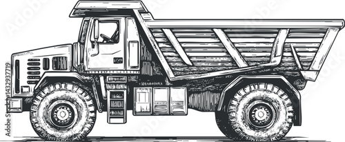 Detailed black and white illustration of a heavy dump truck used for construction and hauling materials.
