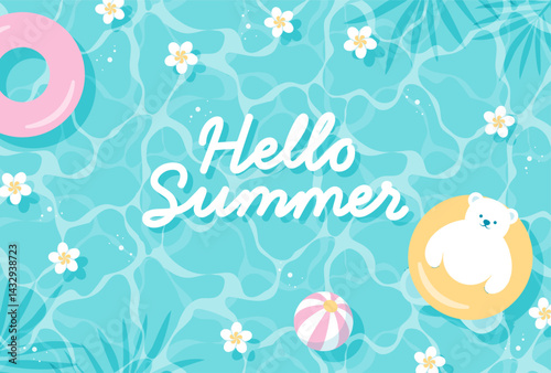 summer vector background with a polar bear and flowers floating in water