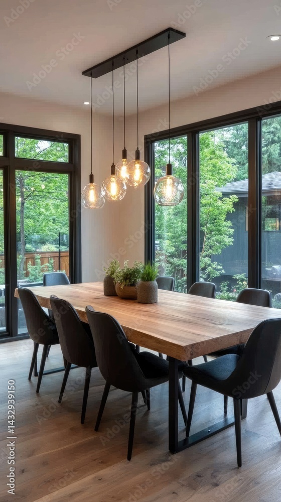 Modern dining room with large windows overlooking nature Modern dining room with large windows overlooking nature