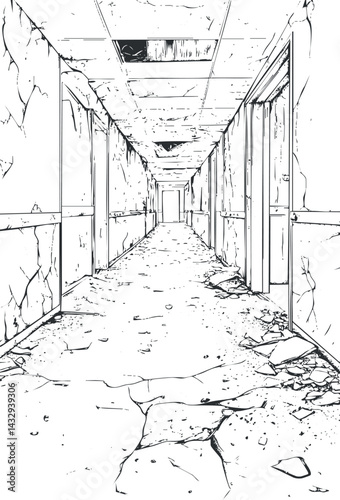 Black and white line art illustration of a long abandoned hallway with cracked floors and damaged walls showing decay and neglect.