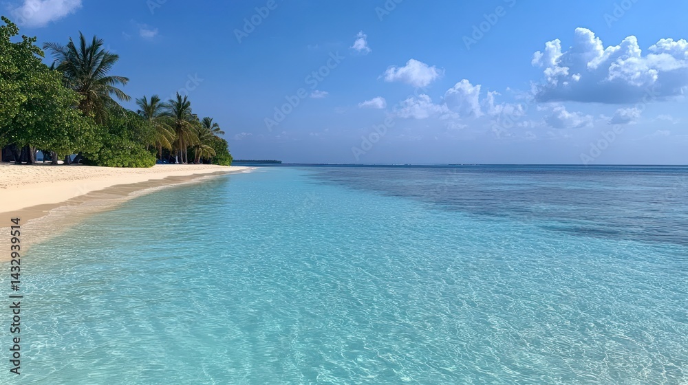 Fototapeta premium Tropical beach paradise, calm ocean, palm trees, sunny sky, travel brochure