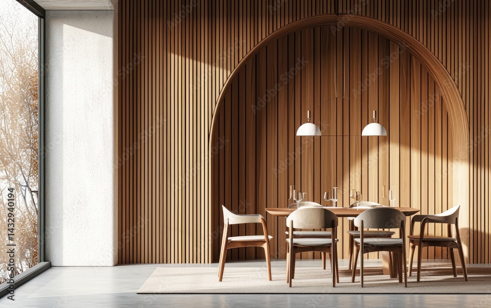 Modern dining room with wooden wall with an arched alcove, a wooden table and chairs