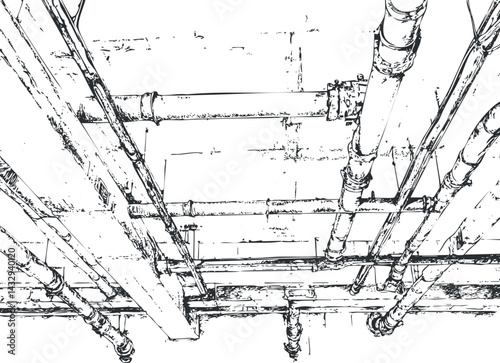 Black and white sketch of plumbing pipes and infrastructure on a building ceiling for construction or industrial context