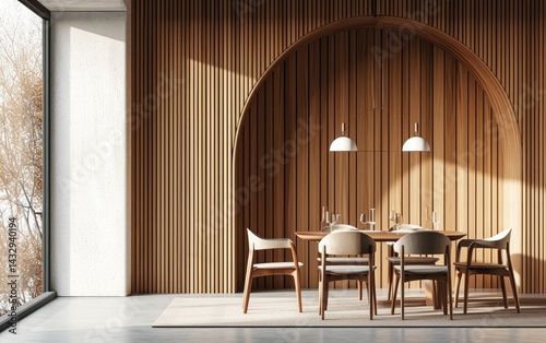 Obraz na płótnie Modern dining room with wooden wall with an arched alcove, a wooden table and chairs w salonie