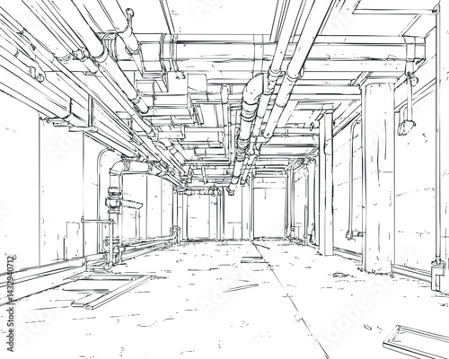 Black and white line drawing of an industrial room interior with exposed pipes and ceiling structure, empty space for construction or engineering purposes.