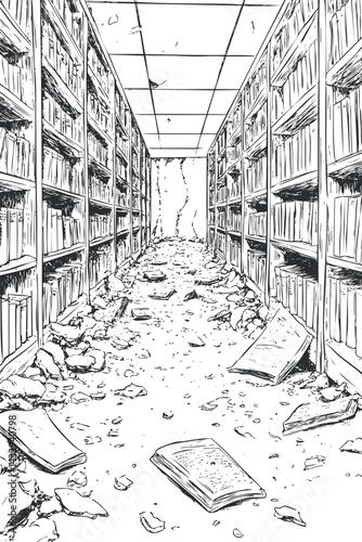 Black and white illustration of a damaged library aisle with bookshelves, fallen books, and debris on the floor.