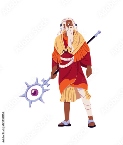 Old shaman with magic cane in hand. Tribal bearded wizard holds spelling walking stick. Esoteric magician, sorcerer, witch in witchcraft cloak. Flat isolated vector illustration on white background