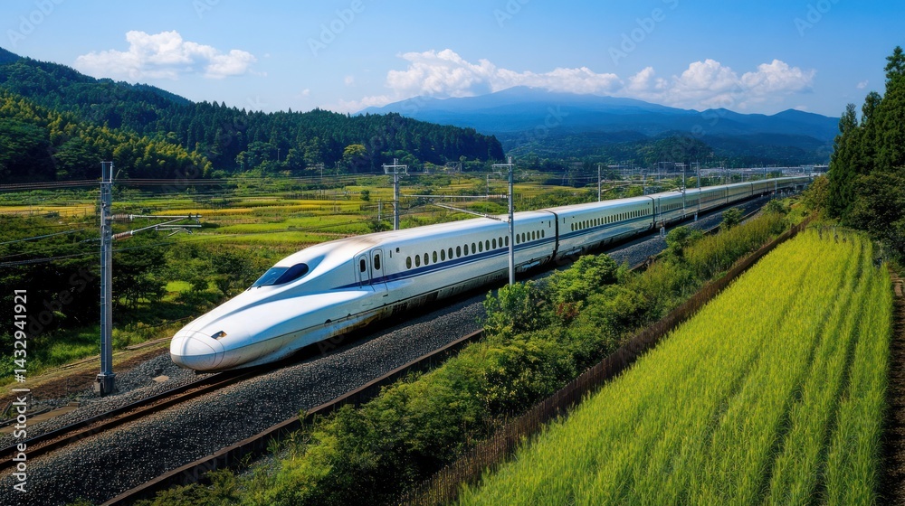 Fototapeta premium High-speed train traveling through scenic countryside.