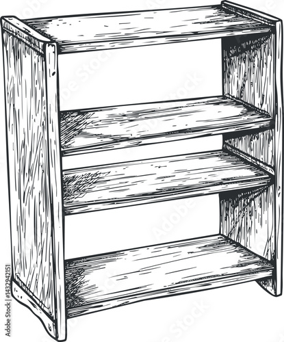 Hand-drawn illustration of a three-tier wooden shelf for storage or display in home or office