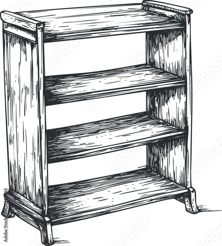Hand drawn vintage wooden shelf with three levels for storage and home organization